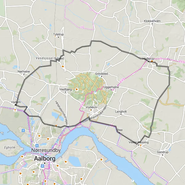 Map miniature of "Vadum - Ajstrup - Hjallerup - Stae - Vodskov Mølle - Hvorup" cycling inspiration in Nordjylland, Denmark. Generated by Tarmacs.app cycling route planner