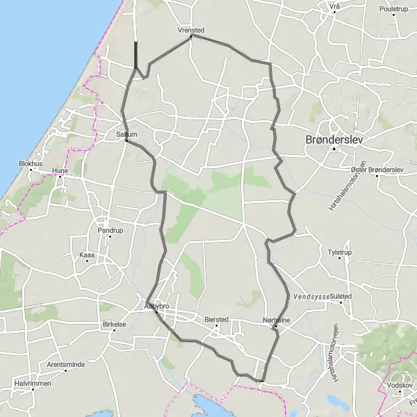 Map miniature of "Vadum to Nørhalne Road Route" cycling inspiration in Nordjylland, Denmark. Generated by Tarmacs.app cycling route planner