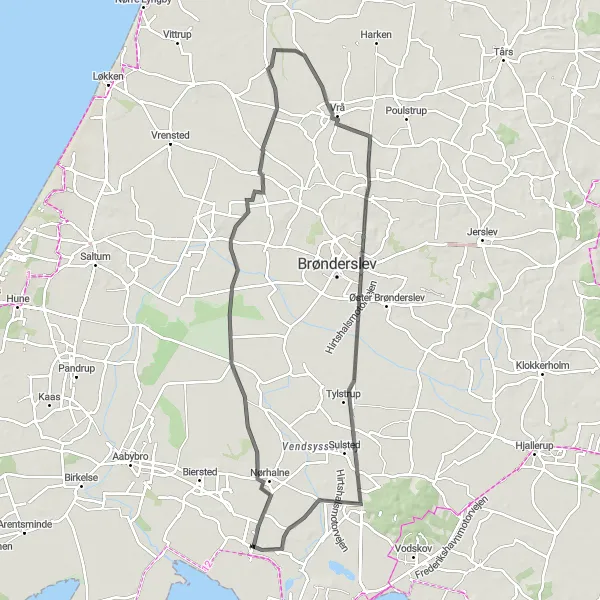 Map miniature of "Vadum to Nørhalne Road Route" cycling inspiration in Nordjylland, Denmark. Generated by Tarmacs.app cycling route planner