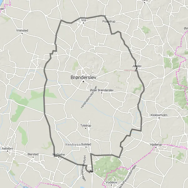 Map miniature of "Nørhalne Loop" cycling inspiration in Nordjylland, Denmark. Generated by Tarmacs.app cycling route planner