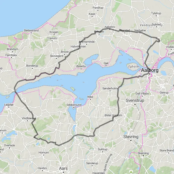 Map miniature of "Vestbjerg to Aabybro Loop" cycling inspiration in Nordjylland, Denmark. Generated by Tarmacs.app cycling route planner