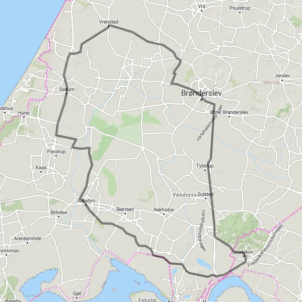 Map miniature of "Scenic Road Cycling to Brønderslev" cycling inspiration in Nordjylland, Denmark. Generated by Tarmacs.app cycling route planner