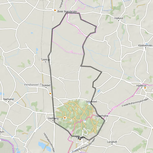 Map miniature of "Vodskov to Øster Brønderslev" cycling inspiration in Nordjylland, Denmark. Generated by Tarmacs.app cycling route planner