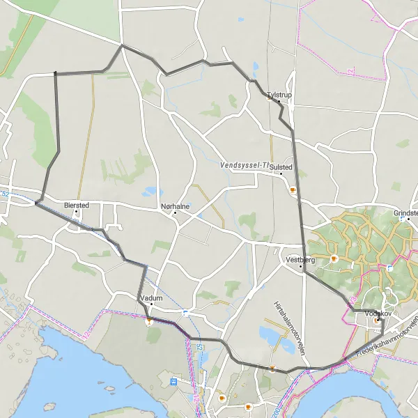 Map miniature of "Vodskov Mølle Loop" cycling inspiration in Nordjylland, Denmark. Generated by Tarmacs.app cycling route planner