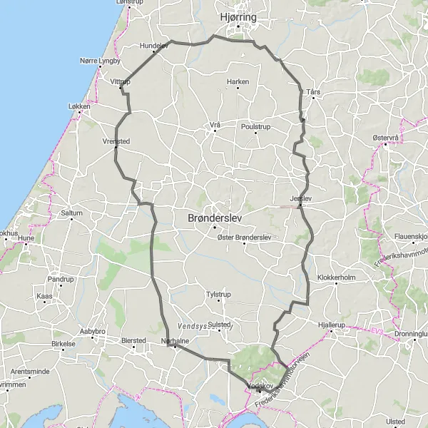 Map miniature of "Nørhalne to Jerslev" cycling inspiration in Nordjylland, Denmark. Generated by Tarmacs.app cycling route planner