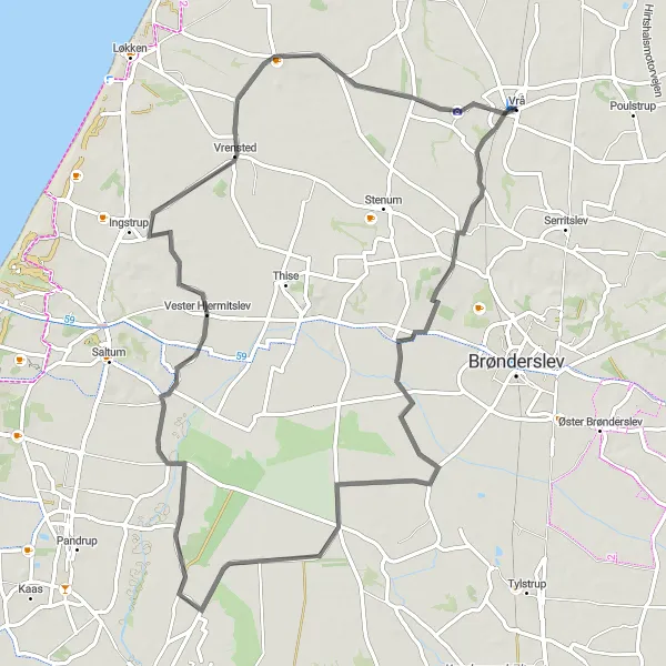 Map miniature of "Vrå - Tolstrup - Vester Hjermitslev - Vrensted - Stenvad Mølle" cycling inspiration in Nordjylland, Denmark. Generated by Tarmacs.app cycling route planner