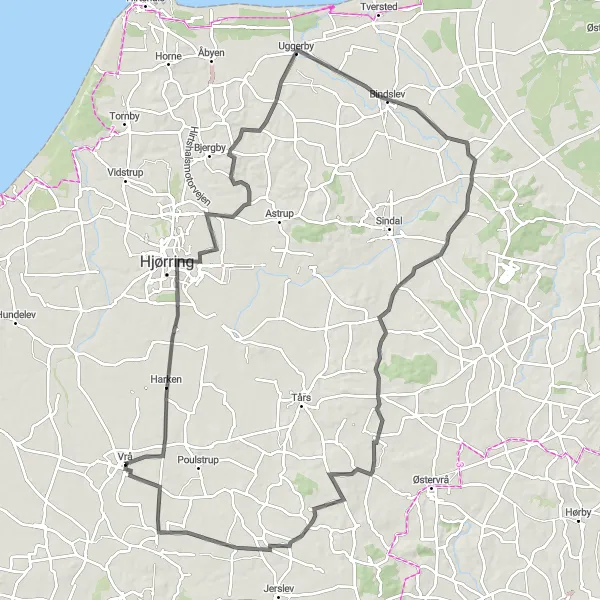 Map miniature of "Vrå - Mygdal - Mosbjerg - Rughaven - Serritslev" cycling inspiration in Nordjylland, Denmark. Generated by Tarmacs.app cycling route planner