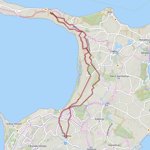 Map miniature of "Scenic Gravel Route to Høve" cycling inspiration in Sjælland, Denmark. Generated by Tarmacs.app cycling route planner