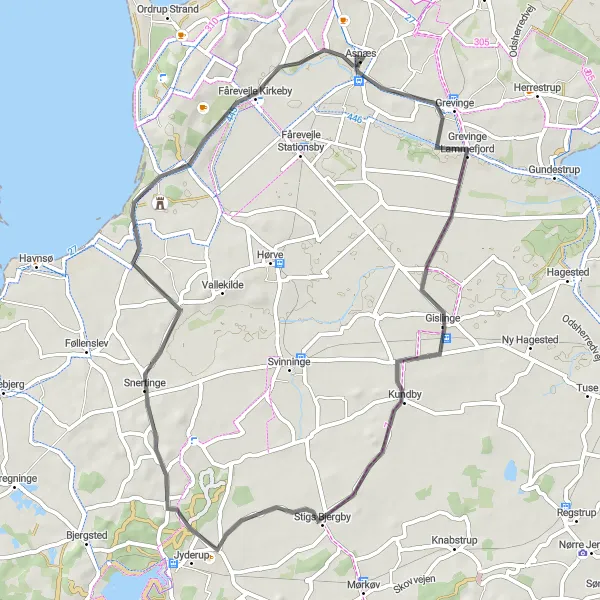 Map miniature of "Asnæs to Fårevejle Huse Road Cycling Route" cycling inspiration in Sjælland, Denmark. Generated by Tarmacs.app cycling route planner