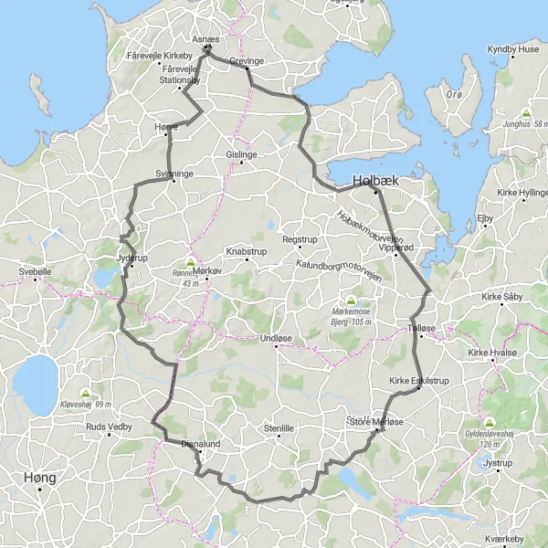 Map miniature of "Jyderup Challenge" cycling inspiration in Sjælland, Denmark. Generated by Tarmacs.app cycling route planner