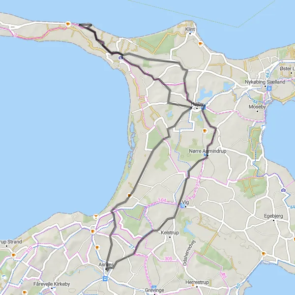 Miniaturekort af cykelinspirationen "Asnæs til Dyrehøj via Højby og Lumsås" i Sjælland, Denmark. Genereret af Tarmacs.app cykelruteplanlægger