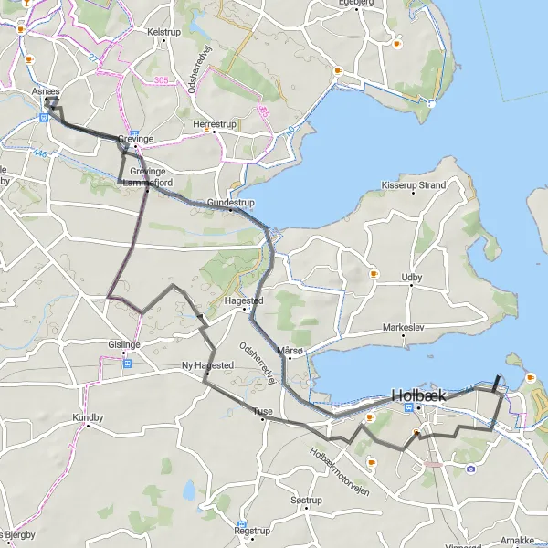 Map miniature of "Asnæs to Grevinge Road Cycling Route" cycling inspiration in Sjælland, Denmark. Generated by Tarmacs.app cycling route planner