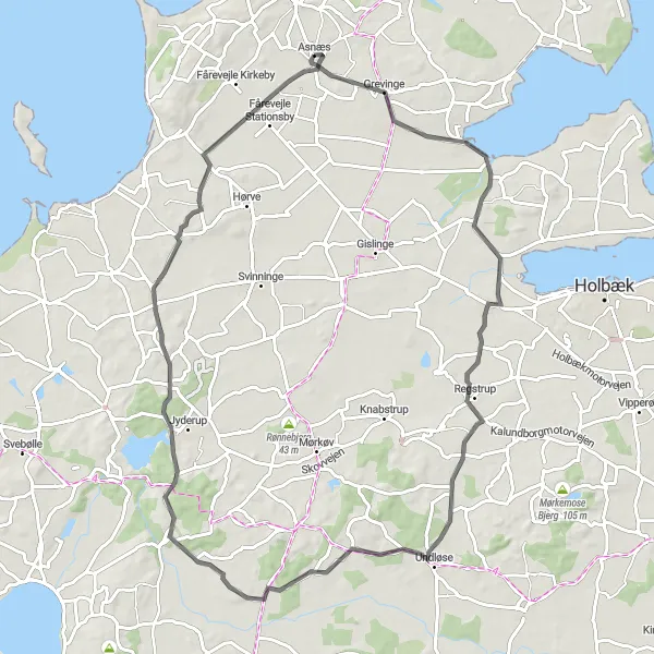 Map miniature of "Asnæs to Fårevejle Stationsby Road Cycling Route" cycling inspiration in Sjælland, Denmark. Generated by Tarmacs.app cycling route planner