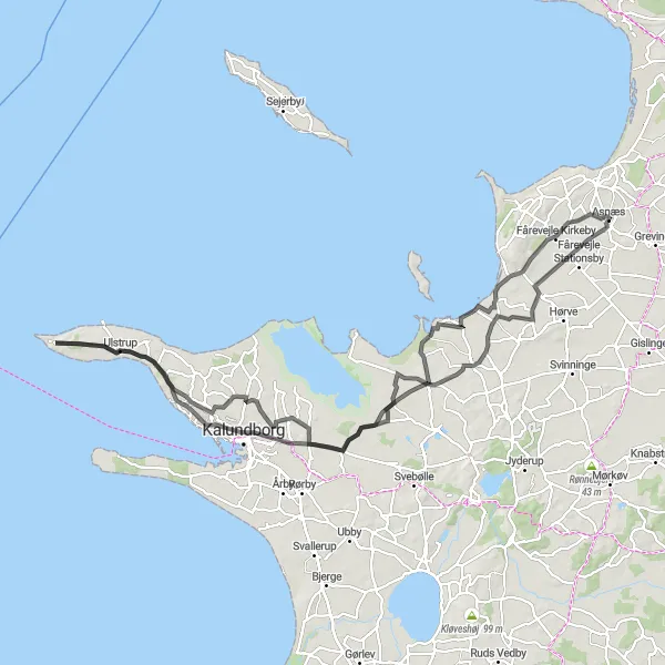 Map miniature of "Dragonholm Slot and Kalundborg Road Cycling Route" cycling inspiration in Sjælland, Denmark. Generated by Tarmacs.app cycling route planner