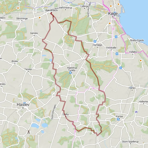Map miniature of "Gravel Adventure in Bjæverskov" cycling inspiration in Sjælland, Denmark. Generated by Tarmacs.app cycling route planner