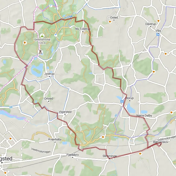 Map miniature of "Scenic Gravel Ride from Bjæverskov" cycling inspiration in Sjælland, Denmark. Generated by Tarmacs.app cycling route planner