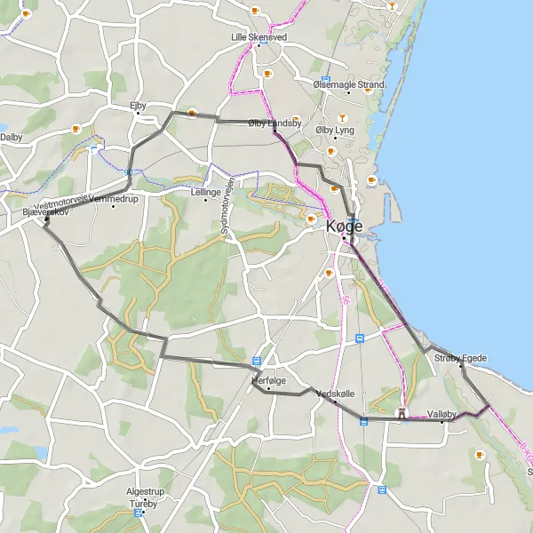 Map miniature of "Bjæverskov Loop" cycling inspiration in Sjælland, Denmark. Generated by Tarmacs.app cycling route planner