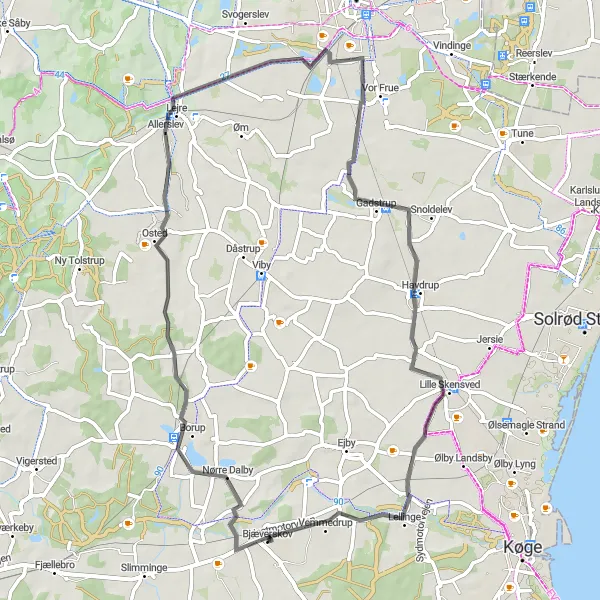 Map miniature of "Historical Journey through Lejre" cycling inspiration in Sjælland, Denmark. Generated by Tarmacs.app cycling route planner