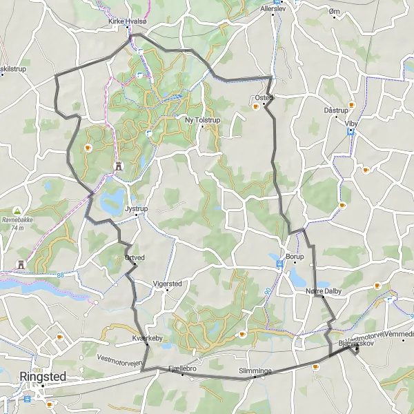 Map miniature of "Ortved to Bjæverskov" cycling inspiration in Sjælland, Denmark. Generated by Tarmacs.app cycling route planner