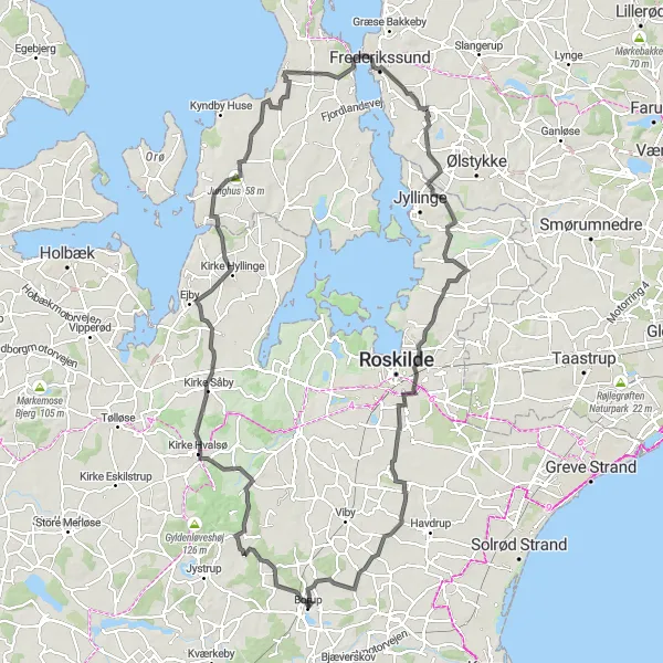 Map miniature of "Kirke Såby to Borup Scenic Loop" cycling inspiration in Sjælland, Denmark. Generated by Tarmacs.app cycling route planner