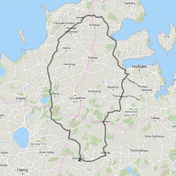 Map miniature of "Asnæs Route" cycling inspiration in Sjælland, Denmark. Generated by Tarmacs.app cycling route planner