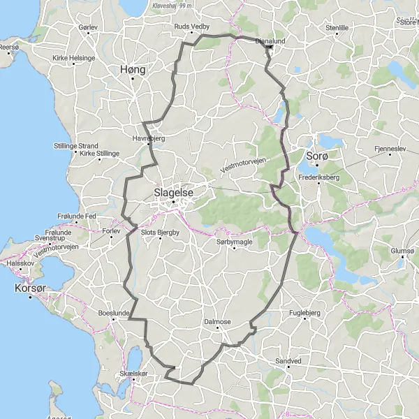 Map miniature of "Tersløse to Skellebjerg" cycling inspiration in Sjælland, Denmark. Generated by Tarmacs.app cycling route planner