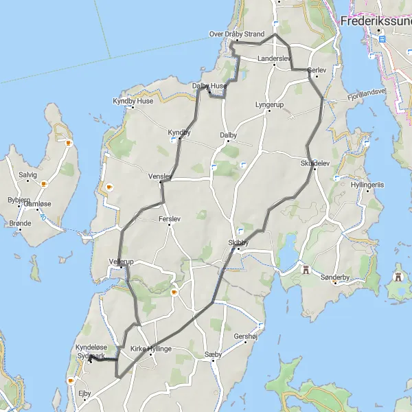 Map miniature of "Vellerup - Bavnen - Gerlev - Skibby - Kirke Hyllinge Loop" cycling inspiration in Sjælland, Denmark. Generated by Tarmacs.app cycling route planner