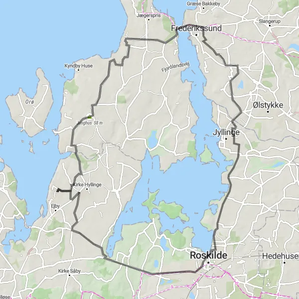 Miniaturekort af cykelinspirationen "Fredelige landskaber og historiske byer" i Sjælland, Denmark. Genereret af Tarmacs.app cykelruteplanlægger