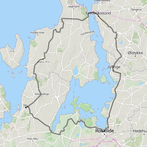 Map miniature of "Kirke Hyllinge - Bavnen - Frederikssund - Risø Huse - Gevninge Loop" cycling inspiration in Sjælland, Denmark. Generated by Tarmacs.app cycling route planner