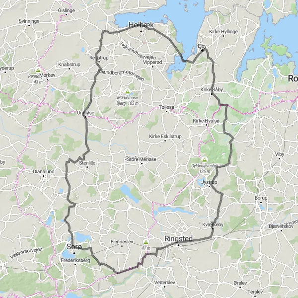 Map miniature of "Kirke Såby - Vigersted - Ringsted - Sorø - Undløse - Holbæk Loop" cycling inspiration in Sjælland, Denmark. Generated by Tarmacs.app cycling route planner