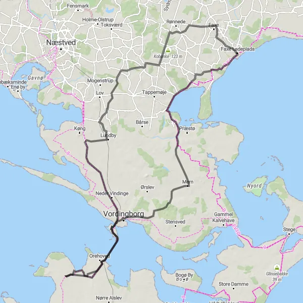 Map miniature of "Faxe Ladeplads to Vålse Road Cycling Route" cycling inspiration in Sjælland, Denmark. Generated by Tarmacs.app cycling route planner