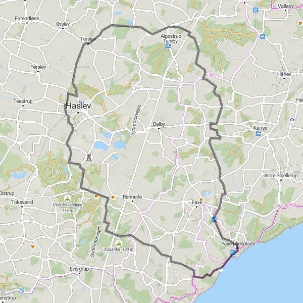 Map miniature of "Faxe Ladeplads to Kobanke Road Cycling Route" cycling inspiration in Sjælland, Denmark. Generated by Tarmacs.app cycling route planner