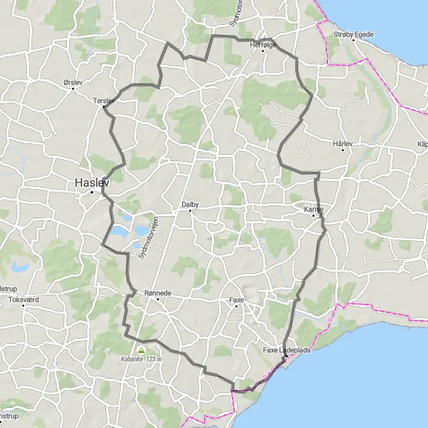 Map miniature of "Faxe Ladeplads to Alslev Road Cycling Route" cycling inspiration in Sjælland, Denmark. Generated by Tarmacs.app cycling route planner