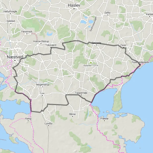 Map miniature of "Faxe Ladeplads to Vester Egede Loop" cycling inspiration in Sjælland, Denmark. Generated by Tarmacs.app cycling route planner