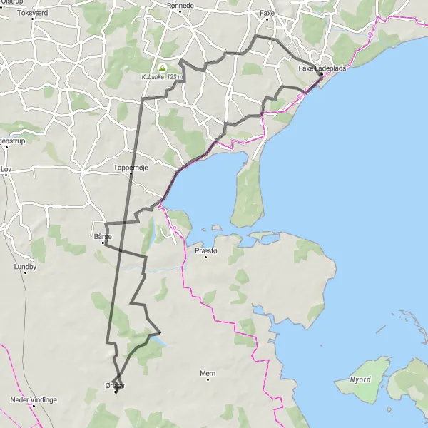 Map miniature of "Faxe Ladeplads to Bårse Loop" cycling inspiration in Sjælland, Denmark. Generated by Tarmacs.app cycling route planner