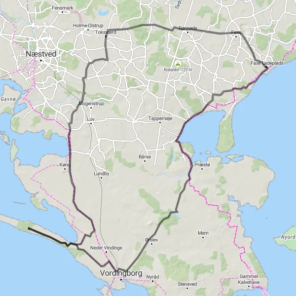Map miniature of "Faxe Ladeplads to Ørslev Road Cycling Route" cycling inspiration in Sjælland, Denmark. Generated by Tarmacs.app cycling route planner
