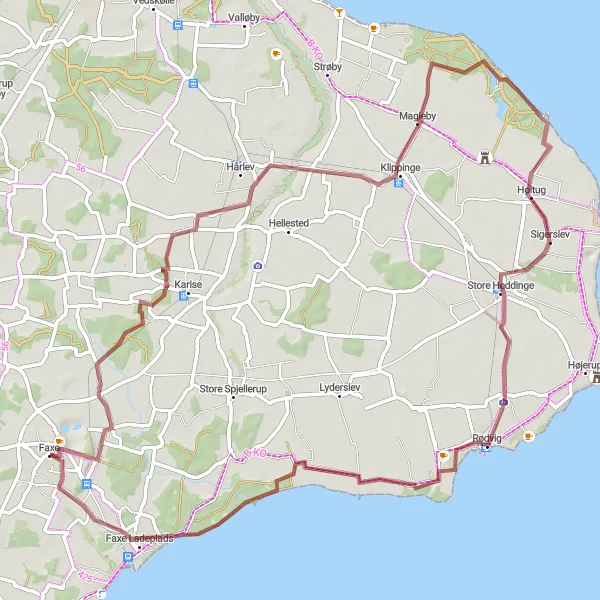 Map miniature of "Fakse Kalkbrud and Coastal Views" cycling inspiration in Sjælland, Denmark. Generated by Tarmacs.app cycling route planner