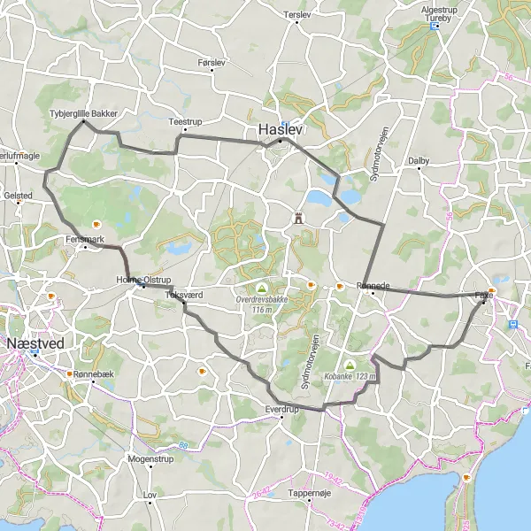 Map miniature of "Enjoy Mørkebjerg and Teestrup" cycling inspiration in Sjælland, Denmark. Generated by Tarmacs.app cycling route planner