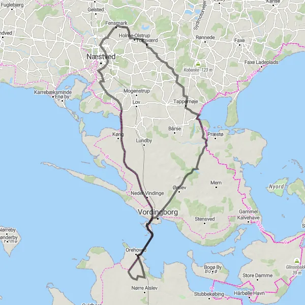 Map miniature of "Havørnekig-Skibinge-Masnedsund-Masnedø-Køng Round-Trip" cycling inspiration in Sjælland, Denmark. Generated by Tarmacs.app cycling route planner