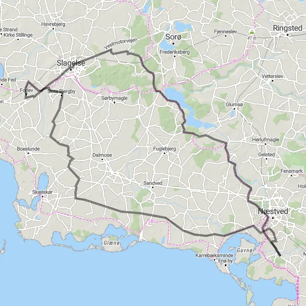 Map miniature of "The Munkebakkens Circuit" cycling inspiration in Sjælland, Denmark. Generated by Tarmacs.app cycling route planner