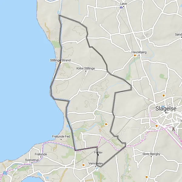 Map miniature of "Coastal Charm and Scenic Views" cycling inspiration in Sjælland, Denmark. Generated by Tarmacs.app cycling route planner