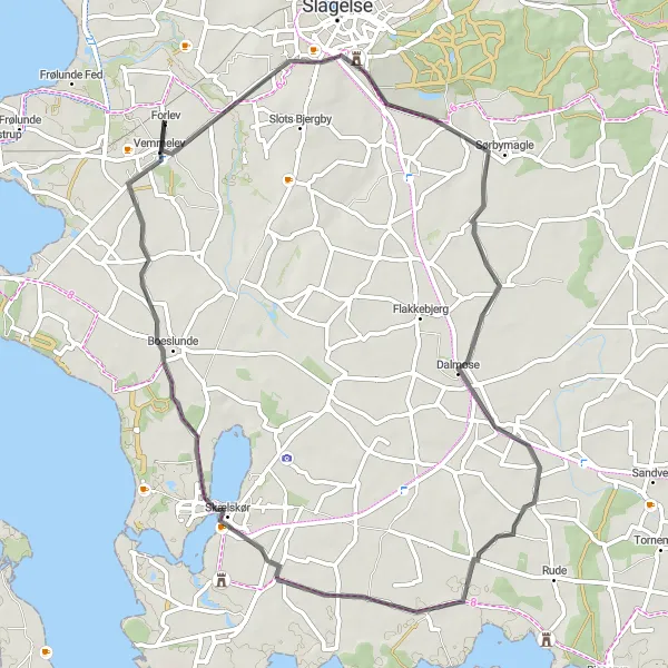 Map miniature of "Dalmose and Boeslunde Loop" cycling inspiration in Sjælland, Denmark. Generated by Tarmacs.app cycling route planner