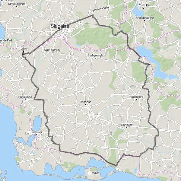 Map miniature of "The Kanehøj Mølle Loop" cycling inspiration in Sjælland, Denmark. Generated by Tarmacs.app cycling route planner