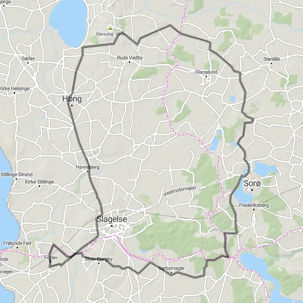 Map miniature of "The Trelleborg-Vedde Loop" cycling inspiration in Sjælland, Denmark. Generated by Tarmacs.app cycling route planner
