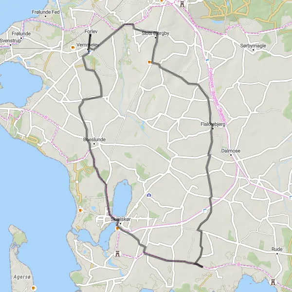 Map miniature of "Explore the Countryside of Forlev and Slots Bjergby" cycling inspiration in Sjælland, Denmark. Generated by Tarmacs.app cycling route planner