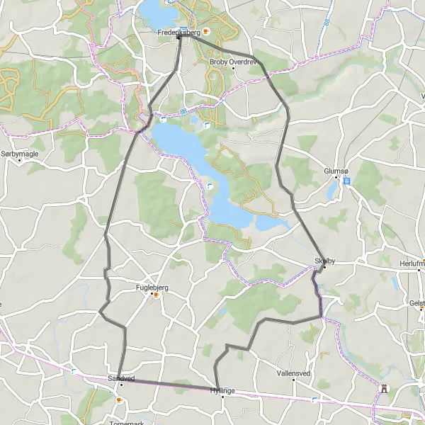 Map miniature of "Holløse and Sandved Road Cycling Route" cycling inspiration in Sjælland, Denmark. Generated by Tarmacs.app cycling route planner