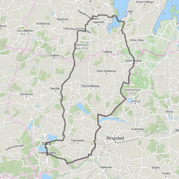 Map miniature of "Sorø and Ugerløse Road Cycling Route" cycling inspiration in Sjælland, Denmark. Generated by Tarmacs.app cycling route planner