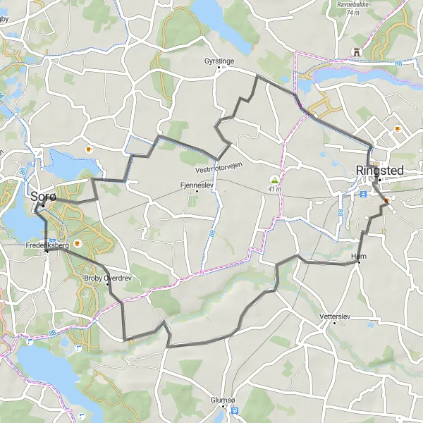 Map miniature of "Sorø Adventure" cycling inspiration in Sjælland, Denmark. Generated by Tarmacs.app cycling route planner