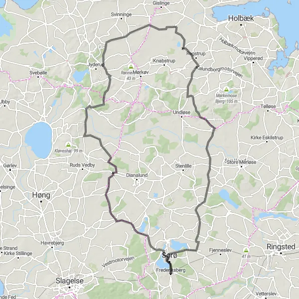 Map miniature of "Tåderup and Kundby Road Cycling Route" cycling inspiration in Sjælland, Denmark. Generated by Tarmacs.app cycling route planner