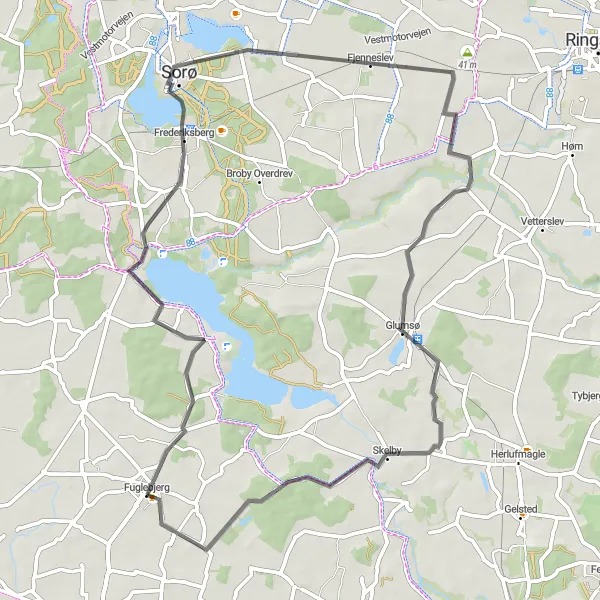 Map miniature of "Fuglebjerg to Førslev Scenic ride" cycling inspiration in Sjælland, Denmark. Generated by Tarmacs.app cycling route planner